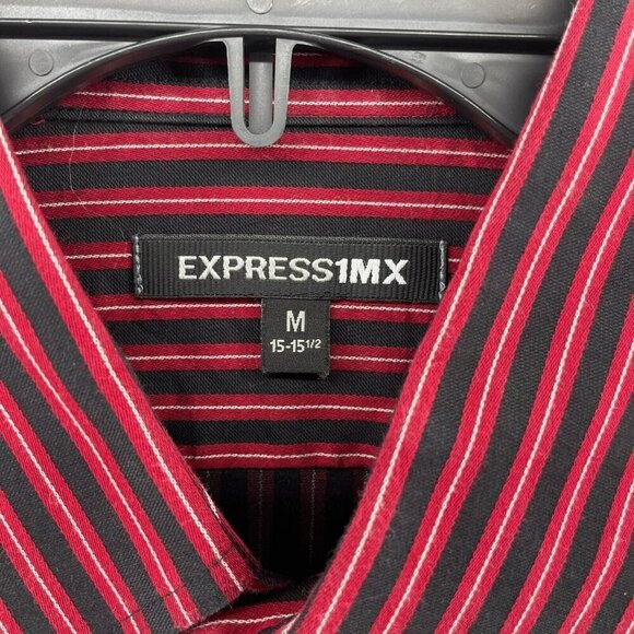 EXPRESS1MX Button-Up Shirt Mens 15.5 Red Vertical Stripe Collared Long Sleeve - Picture 8 of 10